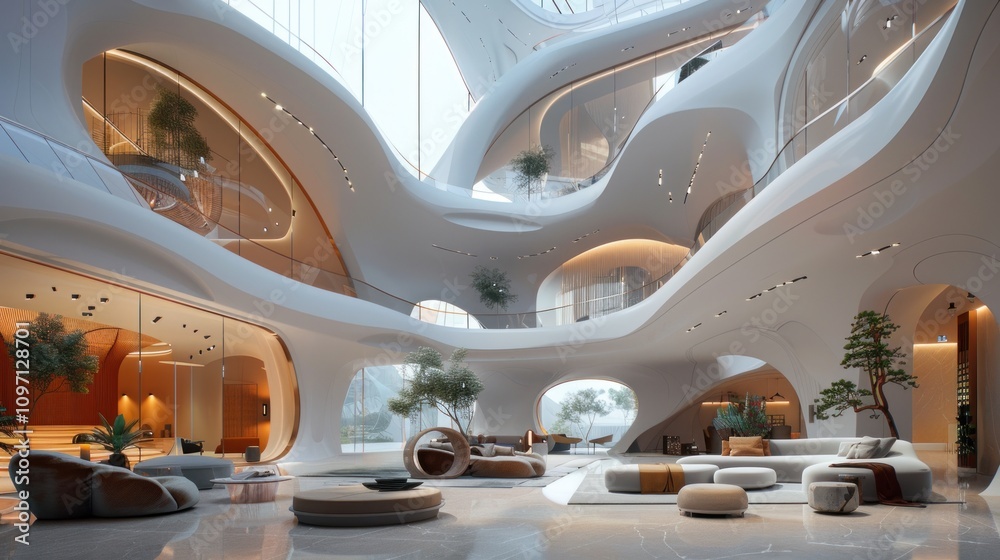 Luxurious modern lobby with flowing organic architecture, featuring comfortable seating areas and abundant natural light.