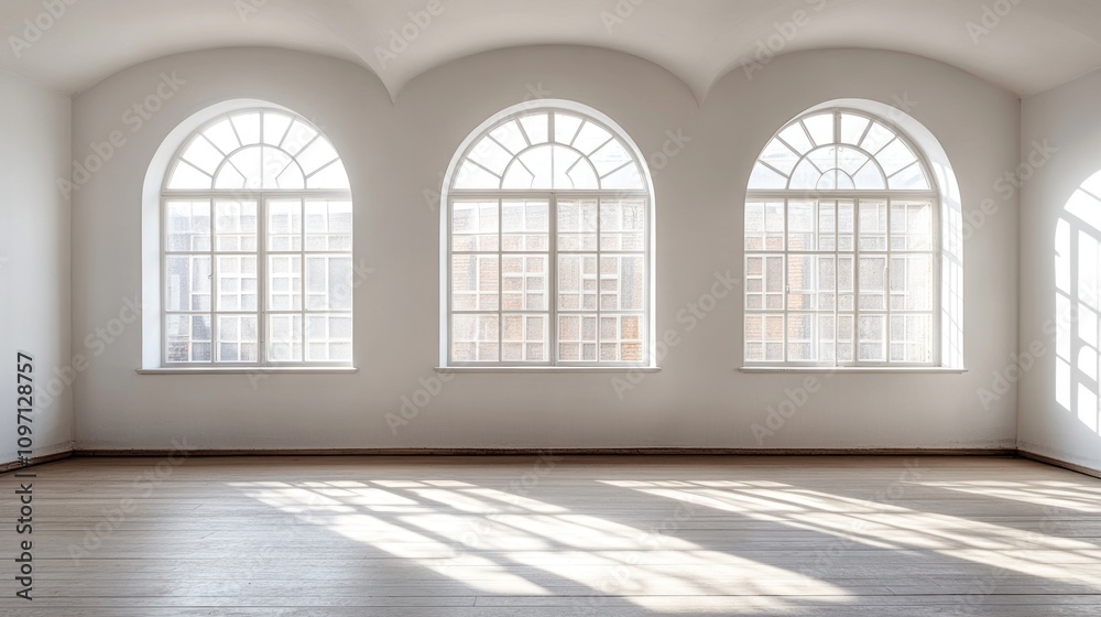 A bright, minimalist interior featuring three large arched windows casting shadows on the floor. A bright, minimalist interior featuring three large arched windows casting shadows on the floor.