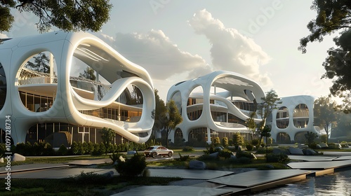 Industrial innovations design with 3D printing in future cities featuring futuristic architecture and construction methods