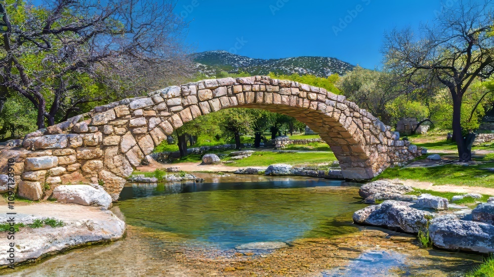 Ancient Stone Bridge Over Tranquil Stream in Scenic Park Setting Ancient Stone Bridge Over Tranquil Stream in Scenic Park Setting