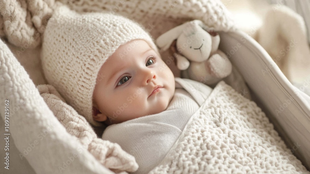 Adorable Baby in Knit Hat and Soft Blanket Adorable Baby in Knit Hat and Soft Blanket