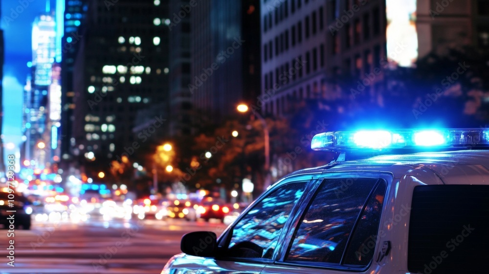 Police car lights in city at night Police car lights in city at night