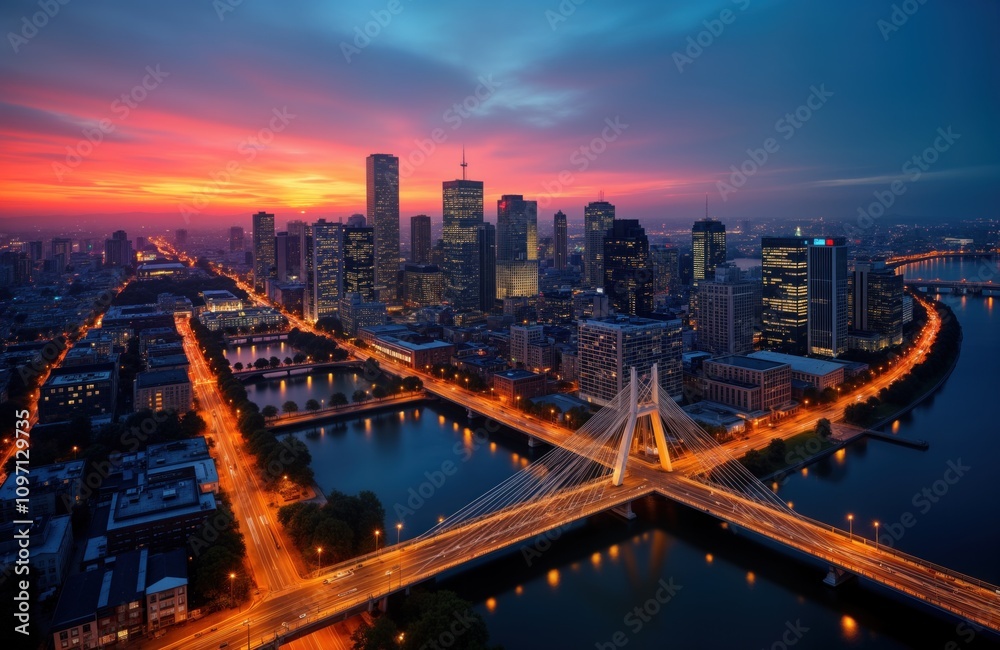 Aerial city view sunset. Skyscrapers illuminated. Bridge connects urban landscape. Downtown lights. Night cityscape. Urban architecture. Modern city. Beautiful skyline. Tall buildings. Cityscape Aerial city view sunset. Skyscrapers illuminated. Bridge connects urban landscape. Downtown lights. Night cityscape. Urban architecture. Modern city. Beautiful skyline. Tall buildings. Cityscape