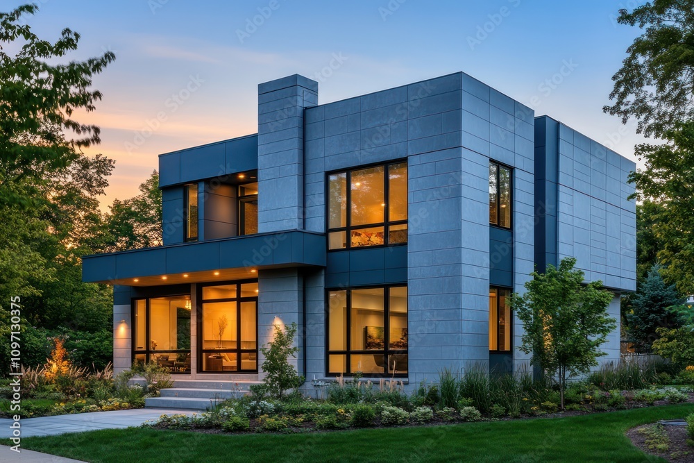 Fototapeta premium Contemporary home elevation featuring a slate grey facade and precision cutouts, clear evening sky.