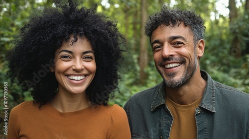 Two joyful people smiling brightly in natural outdoor setting with lush green forest background. Genuine happy expressions and casual style for lifestyle content and authentic portraiture