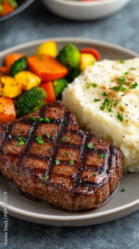 Delicious grilled steak served with mashed potatoes and mixed vegetables for dinner