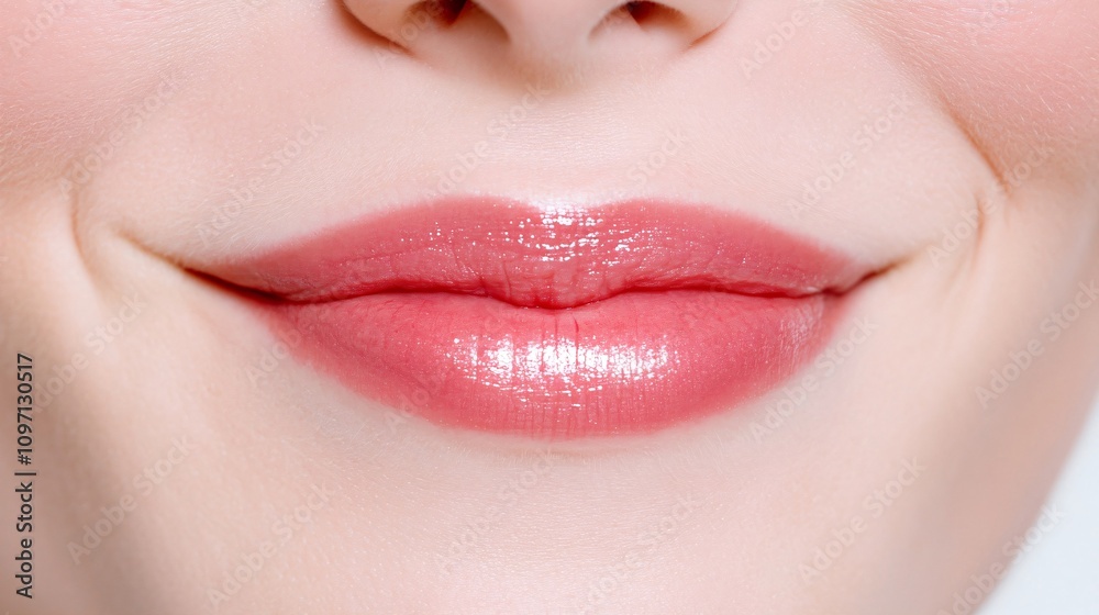 Beautiful glossy coral pink lips on light skin. Close up macro shot of woman's mouth. Natural beauty and makeup concept. Perfect for cosmetics and beauty product advertisement Beautiful glossy coral pink lips on light skin. Close up macro shot of woman's mouth. Natural beauty and makeup concept. Perfect for cosmetics and beauty product advertisement
