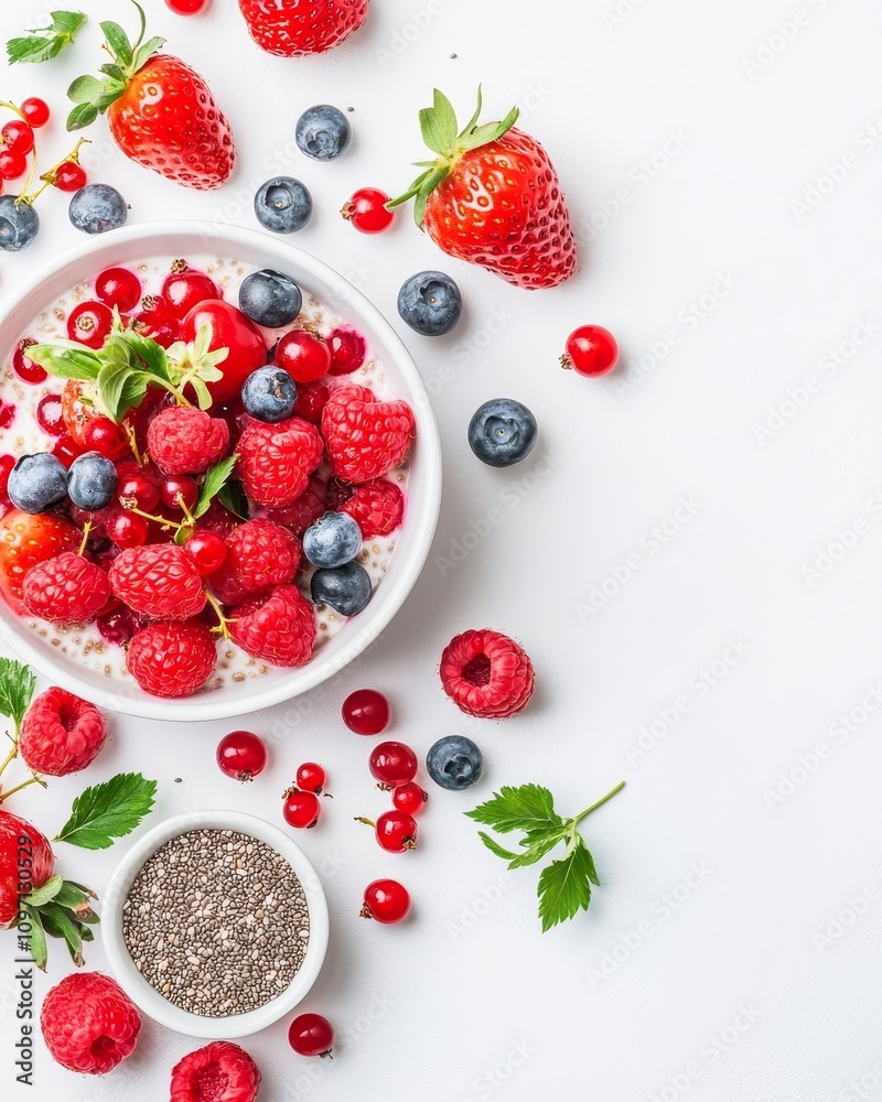 Close-up of yogurt topped with berries, chia seeds, and garnished with mint leaves Close-up of yogurt topped with berries, chia seeds, and garnished with mint leaves