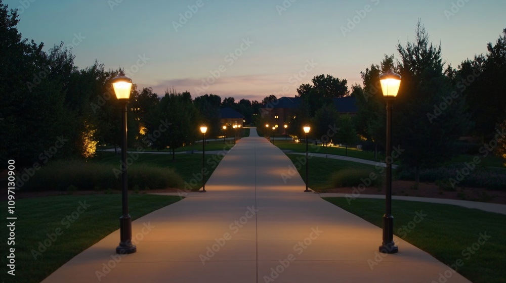 Empty illuminated pathway in park at dusk with vintage street lamps. Peaceful evening walkway through green area. Romantic urban landscape for walking, relaxation and meditation with copy space Empty illuminated pathway in park at dusk with vintage street lamps. Peaceful evening walkway through green area. Romantic urban landscape for walking, relaxation and meditation with copy space