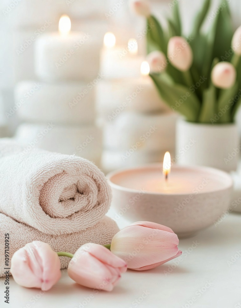 Relaxing spa setting with candles and pink tulips for calm ambiance Relaxing spa setting with candles and pink tulips for calm ambiance