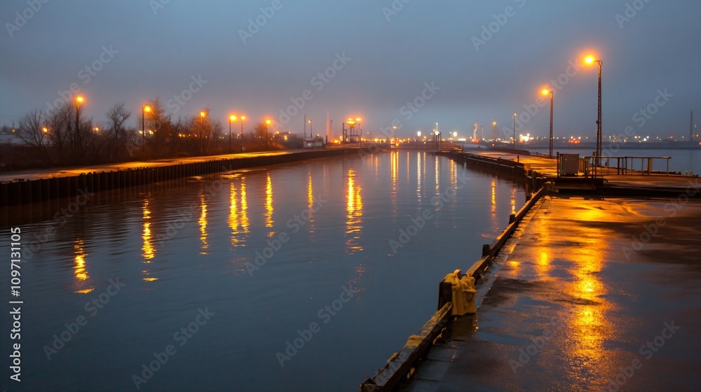 Moody evening cityscape with illuminated waterfront promenade. Wet pavement reflecting golden street lights. Urban harbor view at dusk. Peaceful winter scene with calm water and copy space Moody evening cityscape with illuminated waterfront promenade. Wet pavement reflecting golden street lights. Urban harbor view at dusk. Peaceful winter scene with calm water and copy space