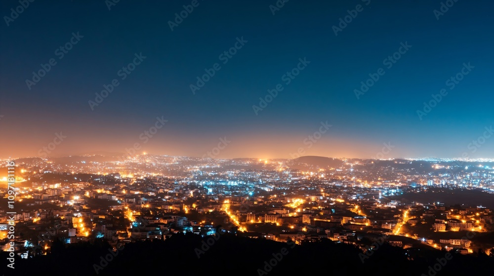 Beautiful panoramic night cityscape with glowing orange lights across urban landscape. Aerial view of illuminated city at dusk with deep blue sky. Urban photography for tourism, real estate with copy 