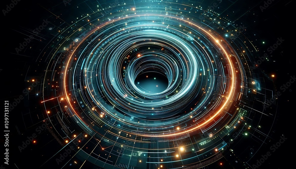 Obraz premium Futuristic rings of glowing neon light spinning in dark, infinite void