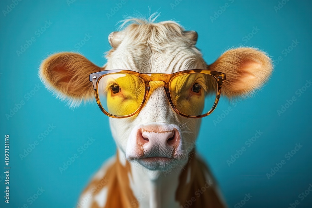 surreal portrait of a cow wearing stylish sunglasses against a vibrant blue backdrop, showcasing an imaginative blend of humor and whimsy, capturing the essence of fun in a colorful context