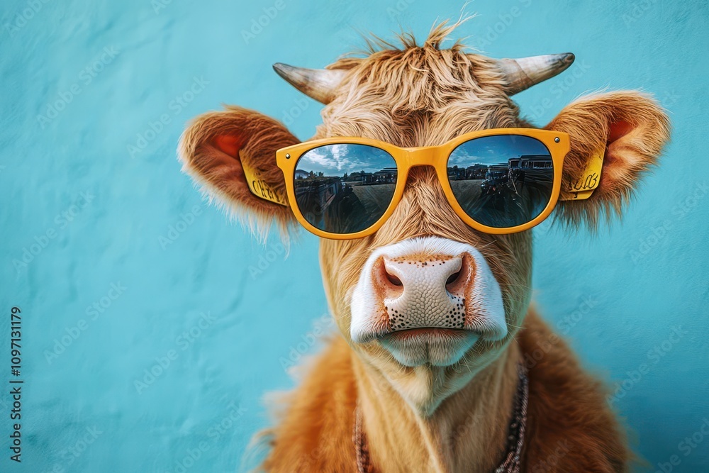 surreal portrait of a cow wearing stylish sunglasses against a vibrant blue backdrop, showcasing an imaginative blend of humor and whimsy, capturing the essence of fun in a colorful context surreal portrait of a cow wearing stylish sunglasses against a vibrant blue backdrop, showcasing an imaginative blend of humor and whimsy, capturing the essence of fun in a colorful context
