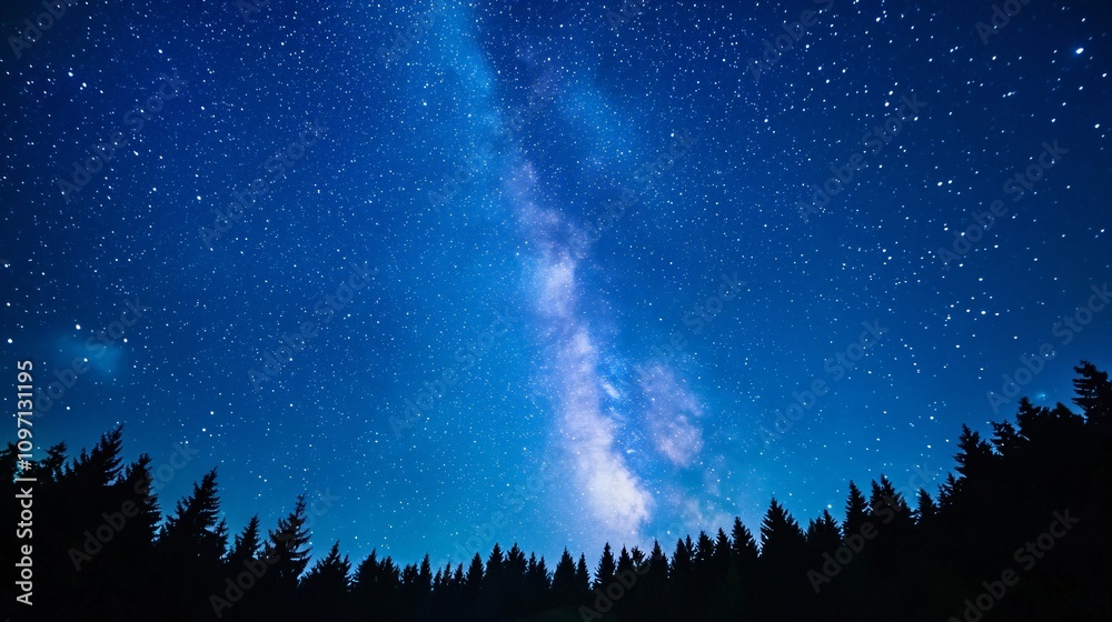 Stunning milky way galaxy over dark forest silhouette at night. Natural starry sky landscape with pine trees. Summer night astronomy view. Space background for banner with copy space Stunning milky way galaxy over dark forest silhouette at night. Natural starry sky landscape with pine trees. Summer night astronomy view. Space background for banner with copy space