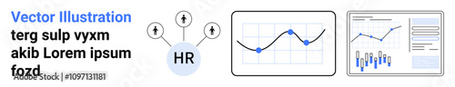 HR network with connected icons, line graph, bar chart, and textual data. Ideal for HR analysis, data visualization, organizational growth, employee tracking, business reports, analytics