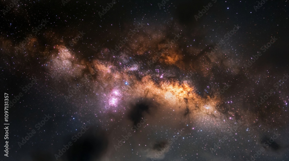 Obraz premium Colorful Milky Way galaxy in night sky. Bright cosmic stars and nebula clouds in deep space. Natural astronomy background for banner, poster. Universe exploration concept
