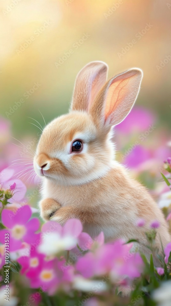 Soft rabbit amidst spring flowers in a vibrant meadow during golden hour Soft rabbit amidst spring flowers in a vibrant meadow during golden hour