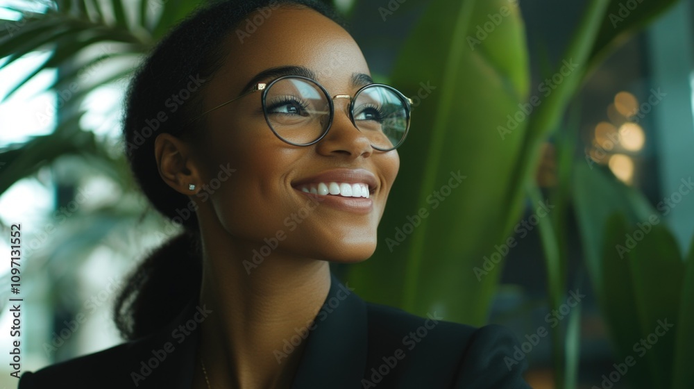 Positive Black Woman in Modern Office Positive Black Woman in Modern Office