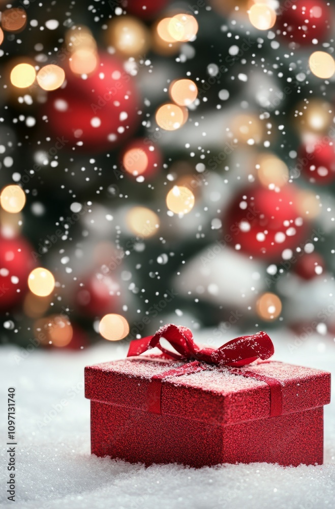 Red gift box with a sparkly bow surrounded by falling snow near a decorated Christmas tree Red gift box with a sparkly bow surrounded by falling snow near a decorated Christmas tree