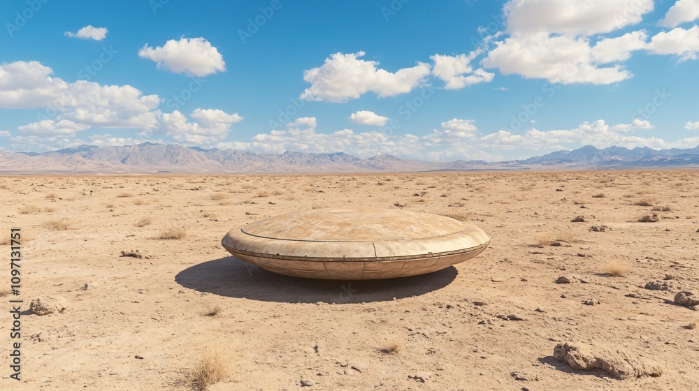 Obraz premium Empty wooden round plate on cracked desert ground under blue sky with white clouds. Dry landscape with mountains. Natural minimal composition for food presentation or mockup