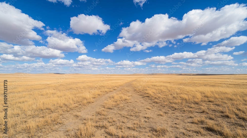 Golden wheat field under dramatic cloudy blue sky. Rural summer landscape with dry grass and white clouds. Natural environment panorama. Agricultural area with dirt road and copy space Golden wheat field under dramatic cloudy blue sky. Rural summer landscape with dry grass and white clouds. Natural environment panorama. Agricultural area with dirt road and copy space