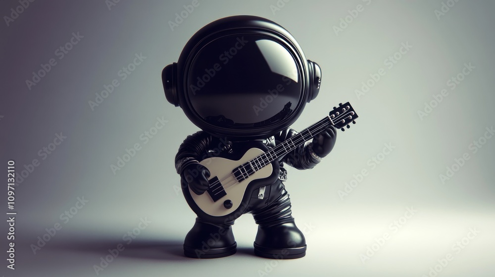 A stylized astronaut character playing a guitar, blending space and music themes.