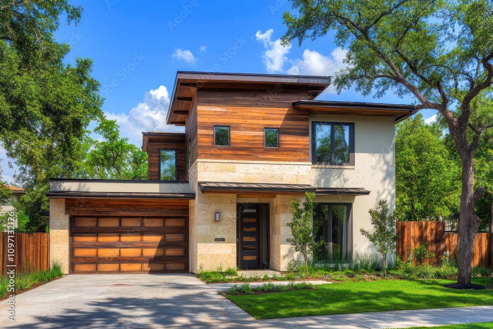 Contemporary house facade with a mix of rustic wood and smooth stucco, sunny afternoon. Contemporary house facade with a mix of rustic wood and smooth stucco, sunny afternoon.