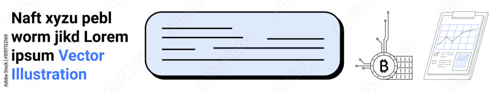 Rectangular text box, circular chart with B label, and graph on clipboard. Ideal for content layout, marketing, analytics, data visualization, presentations, reporting, educational material. Landing Rectangular text box, circular chart with B label, and graph on clipboard. Ideal for content layout, marketing, analytics, data visualization, presentations, reporting, educational material. Landing