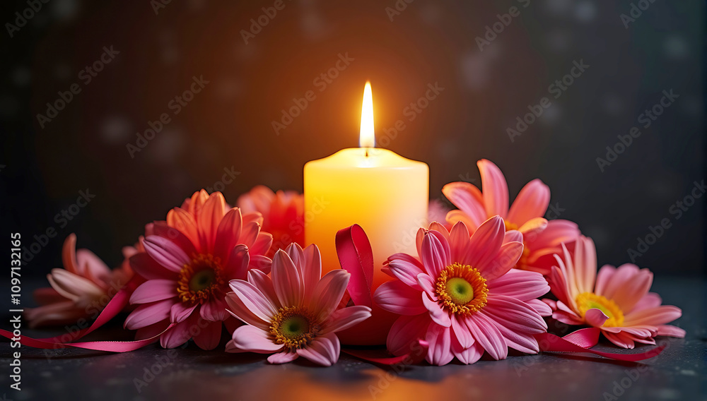 A glowing candle in a dark room, surrounded by flowers and ribbons, symbolizing tribute and hope for cancer survivors, fighters, and loved ones lost. A glowing candle in a dark room, surrounded by flowers and ribbons, symbolizing tribute and hope for cancer survivors, fighters, and loved ones lost.