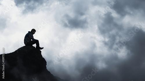 Silhouette of contemplative man sitting alone on mountain peak against dramatic cloudy sky. Solitude and self reflection concept for meditation, mindfulness and mental health awareness photo