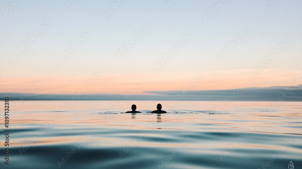 Fototapeta premium Two people swimming in calm ocean water during sunset. Beautiful serene seascape with swimmers enjoying peaceful evening. Summer vacation, travel concept. Tranquil nature scenery for wellness
