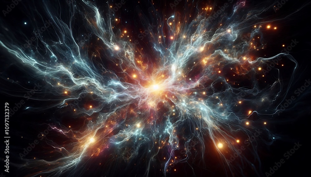Fototapeta premium Electric storm of glowing light particles swirling in dark space, evoking digital chaos