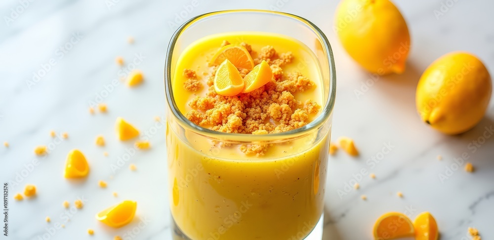Lemon smoothie with crumble topping in glass Lemon smoothie with crumble topping in glass