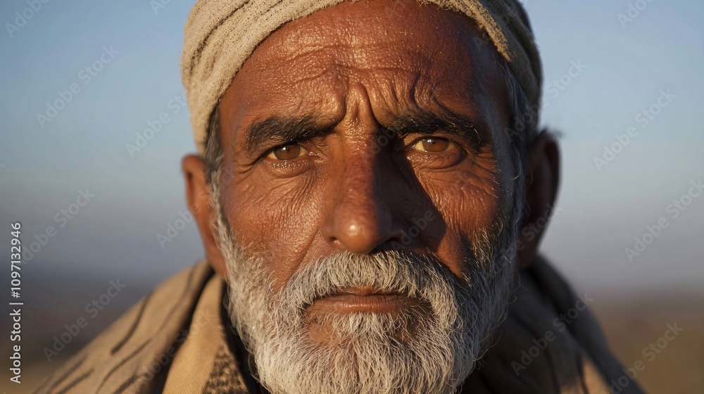 Close-up portrait of a senior with white beard wearing traditional headwrap against blurred nature background. Emotional storytelling image showing wisdom and life experience Close-up portrait of a senior with white beard wearing traditional headwrap against blurred nature background. Emotional storytelling image showing wisdom and life experience