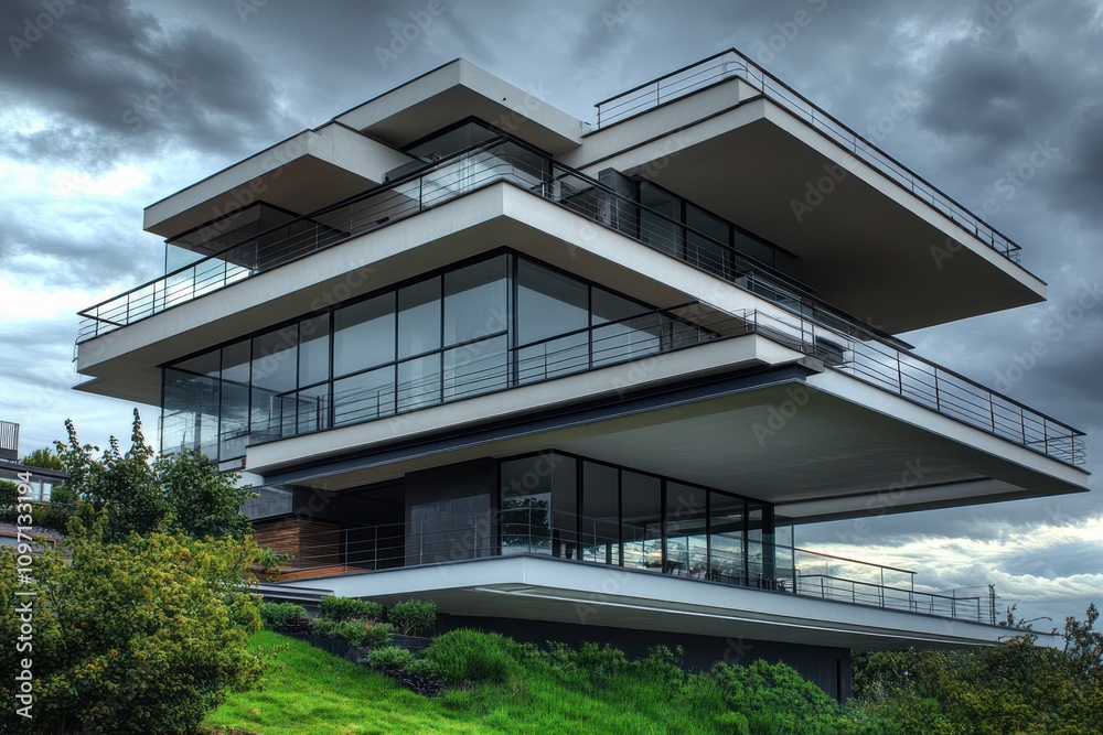 Elevation of a contemporary home with cantilevered floors and extensive use of glass, under an overcast sky. Elevation of a contemporary home with cantilevered floors and extensive use of glass, under an overcast sky.