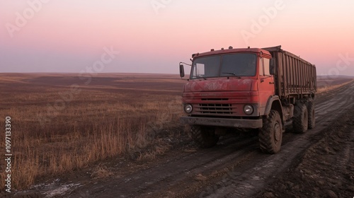 Wallpaper Mural Old red dump truck on dirt road at sunset. Vintage russian kamaz vehicle in rural field. Nostalgic agricultural transport in autumn landscape. Farm delivery concept with copy space Torontodigital.ca