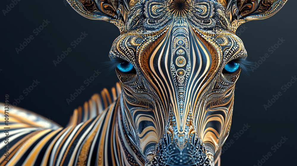 Naklejka premium Visually striking image: a zebra with golden and black decorative patterns and blue eyes, artistically represented