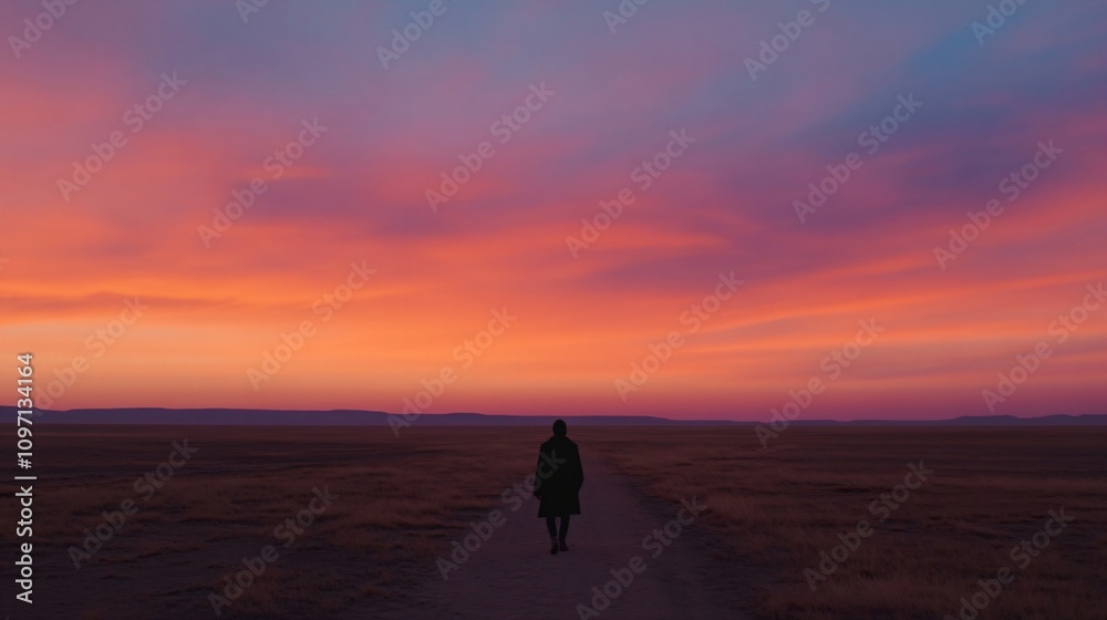Obraz premium Solitary figure walking on empty road during dramatic purple and orange sunset. Peaceful rural landscape with magnificent sky. Silhouette on horizon. Lonely journey concept with copy space