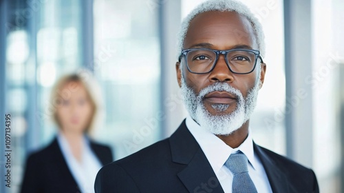 African american senior businessman in glasses and suit at corporate office. Professional executive leader. Modern workplace portrait for business presentation with copy space