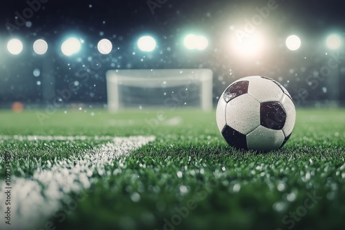 Nighttime soccer ball resting on a wet field with bright lights illuminating the surroundings