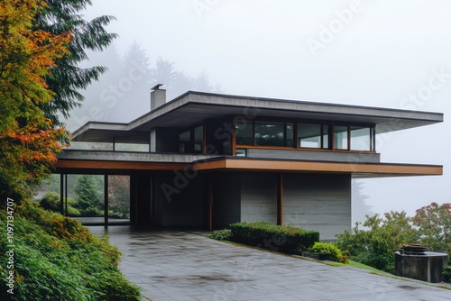 Elevation of a modernist house with a floating roof design and hidden entrance, overcast morning.