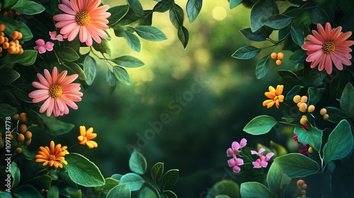 Vibrant blossoms and lush green leaves create a beautiful natural frame, with a soft, sunlit background, perfect for nature-themed designs