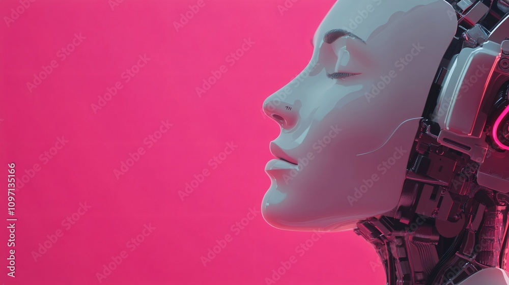 Artificial intelligence robot head profile on bright pink background. Futuristic cybernetic android face. Tech concept for machine learning, neural networks with copy space Artificial intelligence robot head profile on bright pink background. Futuristic cybernetic android face. Tech concept for machine learning, neural networks with copy space