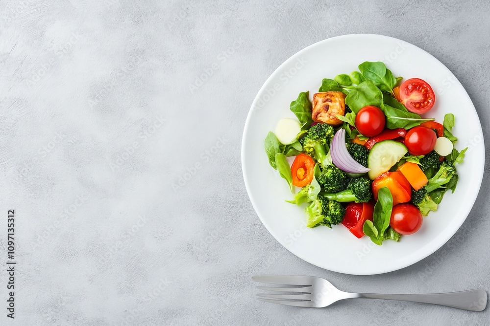 White plate with a mixed vegetable salad, including cherry tomatoes, cucumber, broccoli, and basil leaves White plate with a mixed vegetable salad, including cherry tomatoes, cucumber, broccoli, and basil leaves