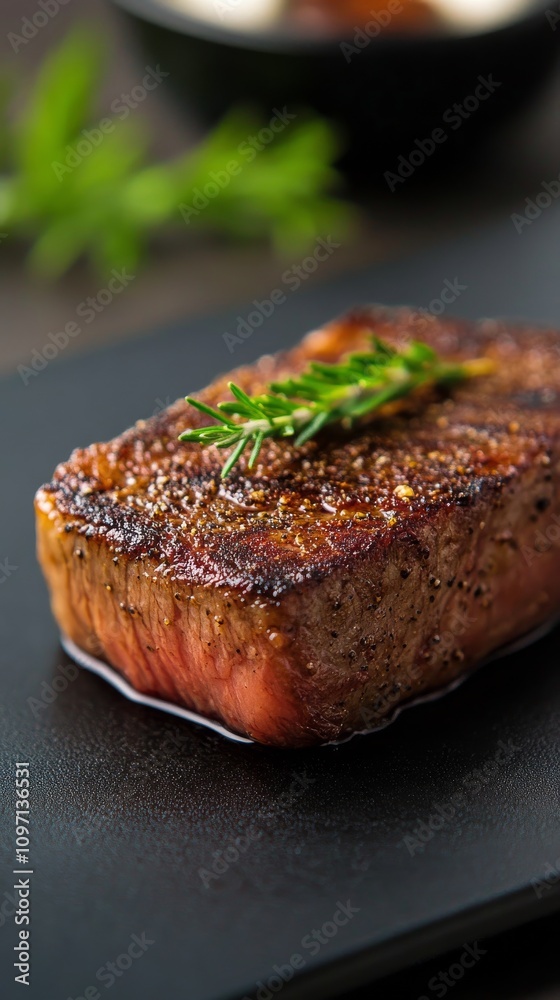 Perfectly cooked steak served with a touch of fresh herbs on a dark plate Perfectly cooked steak served with a touch of fresh herbs on a dark plate