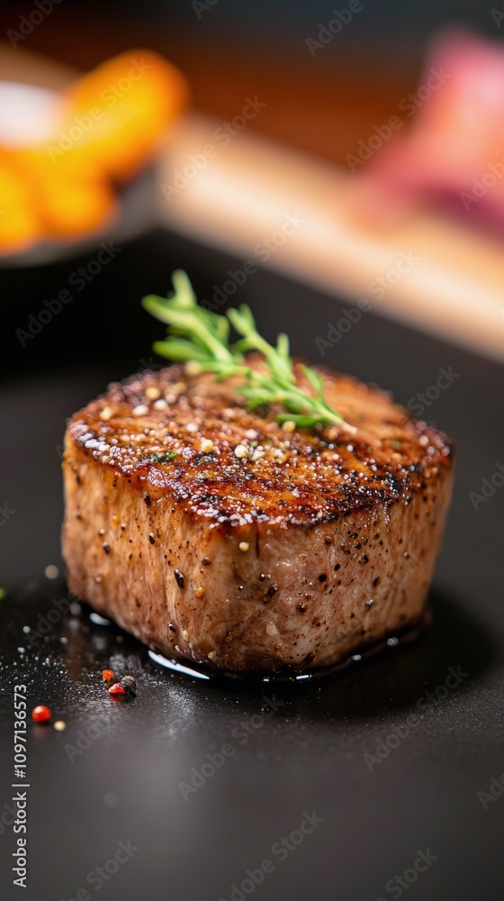 Perfectly cooked steak served with a touch of fresh herbs on a dark plate Perfectly cooked steak served with a touch of fresh herbs on a dark plate