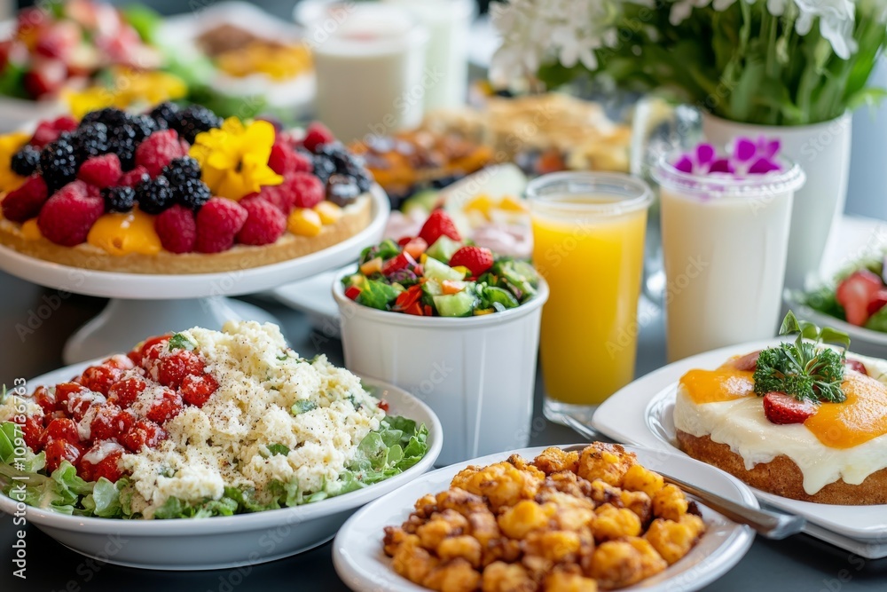 Colorful brunch spread with fresh salads and beverages at a sunny outdoor caf