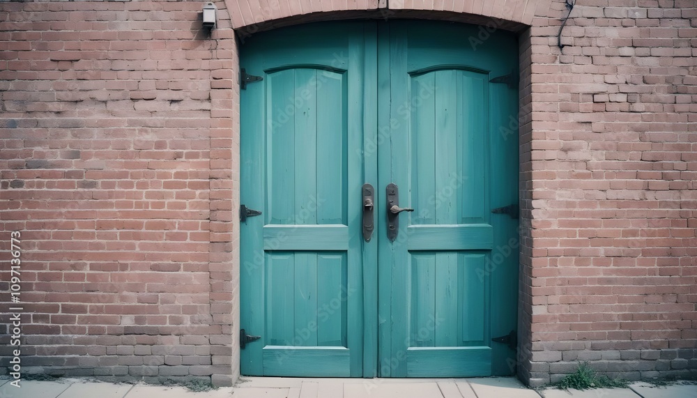 Una vieja puerta de madera azul turquesa desgastada situada en una pared de ladrillo Una vieja puerta de madera azul turquesa desgastada situada en una pared de ladrillo